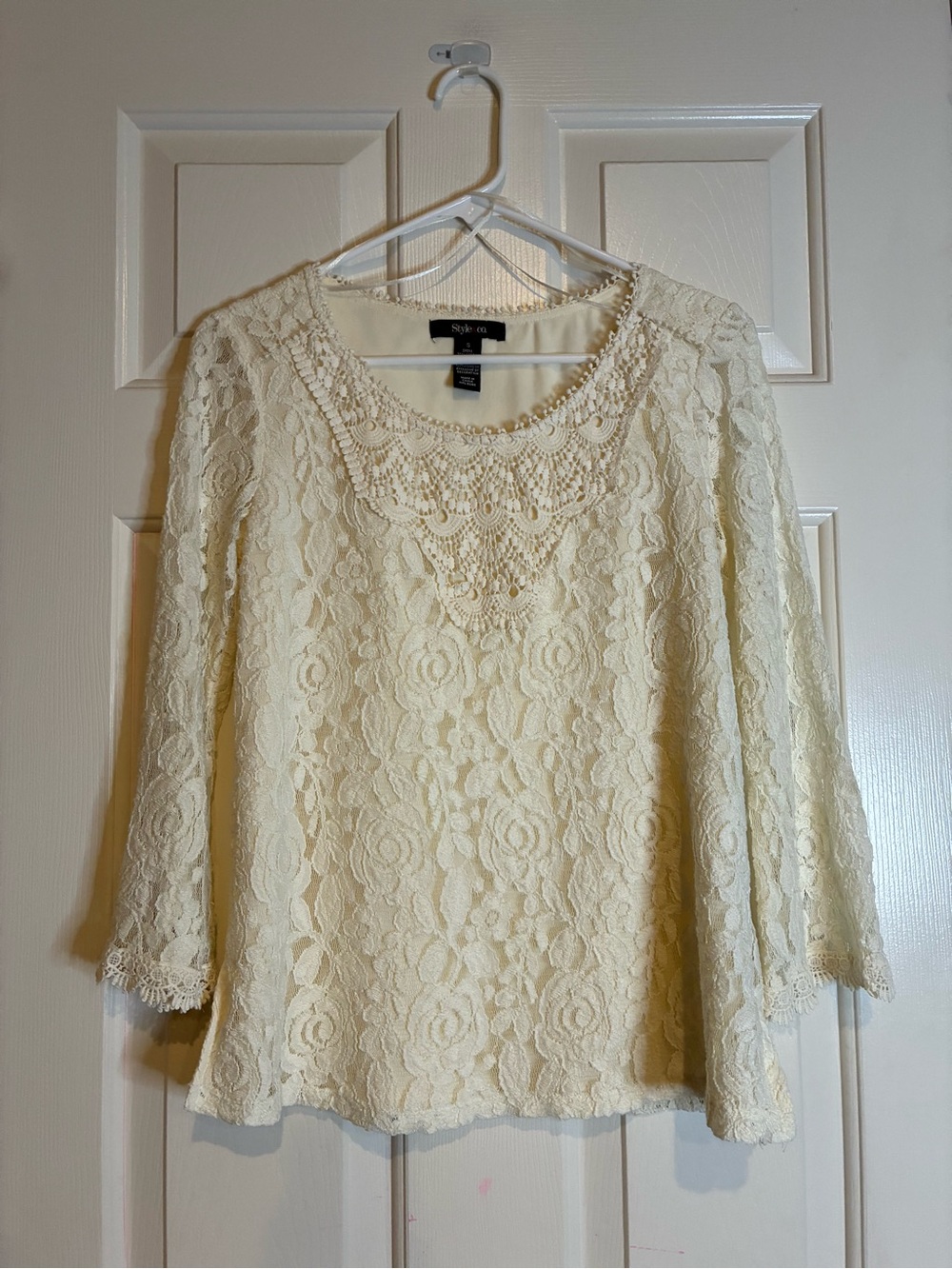 Style & Co. Ivory Lace Scoop Neck Three-Quarter Sleeve Blouse